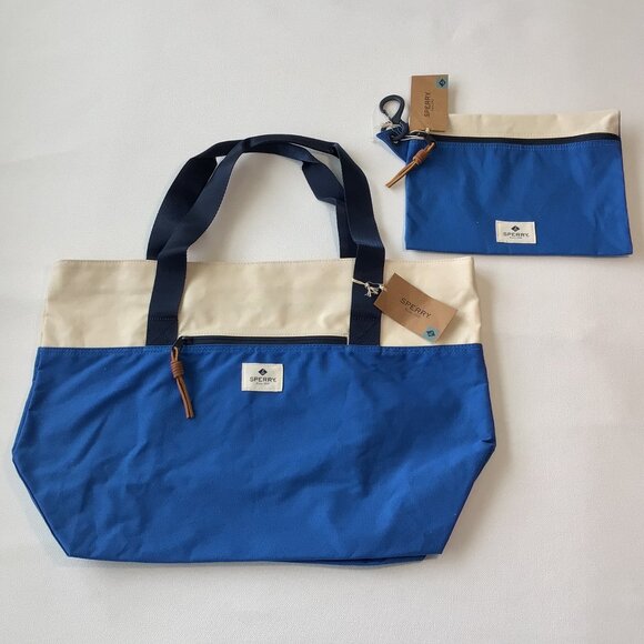NWT Sperry Large Tote Bag & Pouch Set Canvas Blue & Natural - Picture 5 of 14